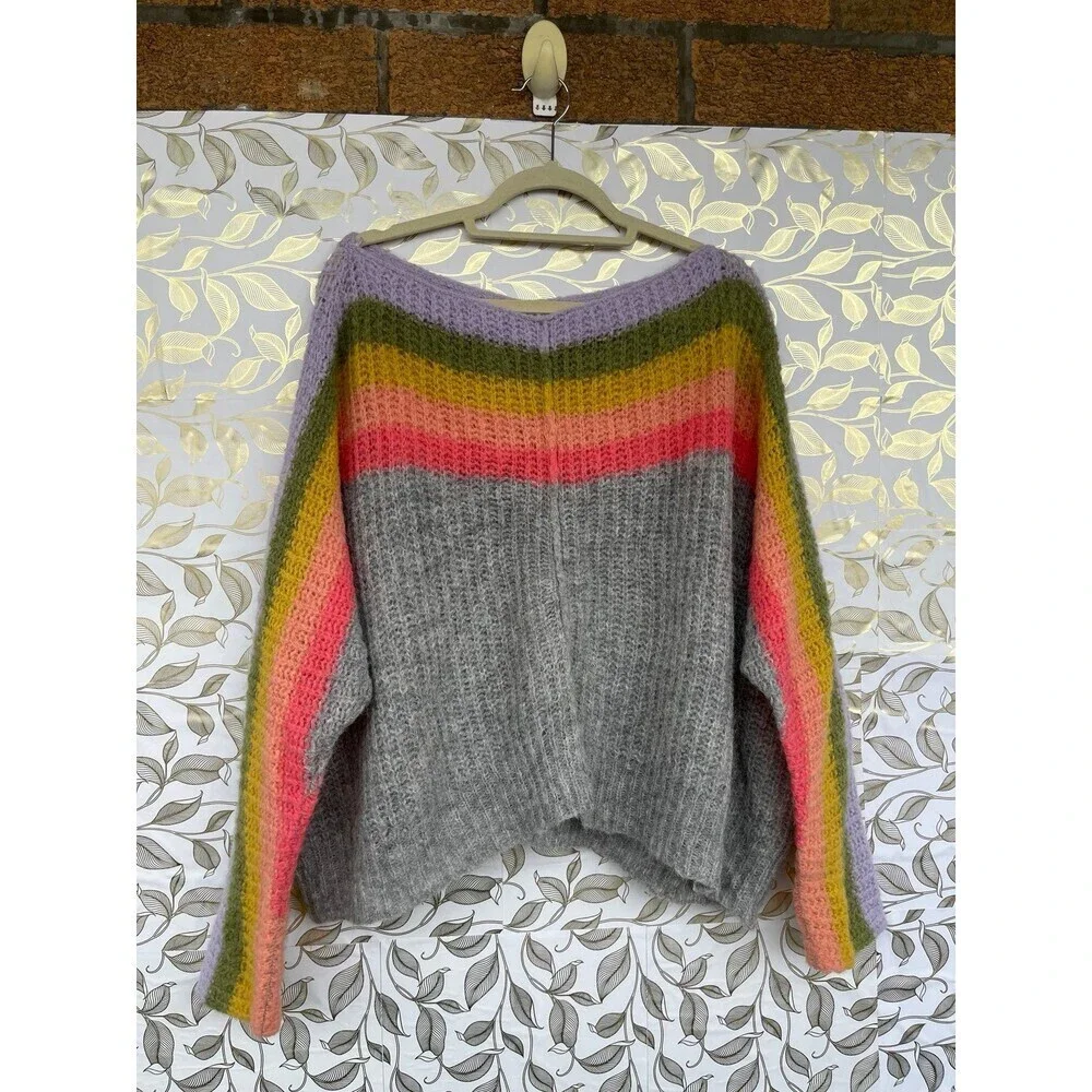 Free People Alpaca Blend Rainbow Stripe Oversized Sweater L  Soft Girl Aesthetic